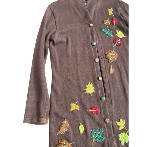 Storybook Knits Brown Embroidered Long Sleeves Button Up Cardigan Sweater Size L - Picture 7 of 9